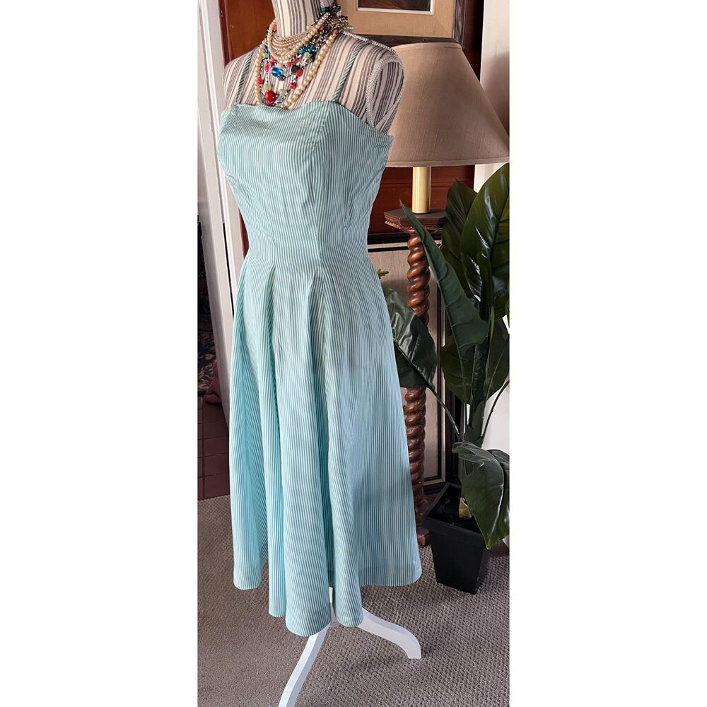 Vintage Handmade Spaghetti Strap Striped Pastel Green Acetate Dress Size 10-12 - Picture 5 of 11